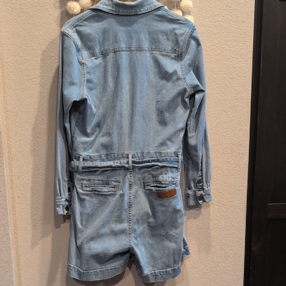 Rivet Utility Trendsetter Denim Romper XL Light Wash Zip Front Tie Waist Jumpsui - Picture 9 of 15